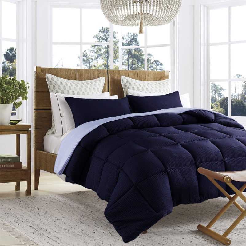 Box Stitch Comforter, King Comforter + 2 King Shams, Navy