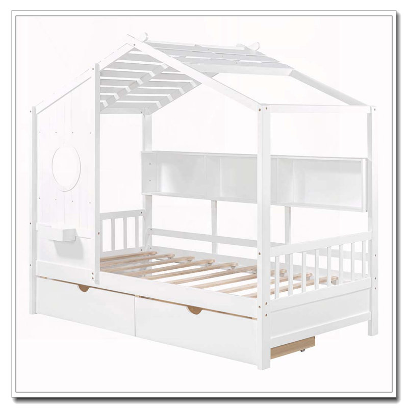 Lit simple en bois avec 2 tiroirs, Blanc