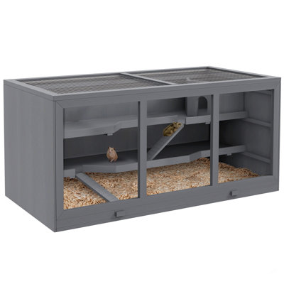 Pawhut Extra Large Wooden Hamster Cage, Gerbil Cage, And Other Small Animal Habitat, Hamster Habitat With Opening Roof, Hut, Ramps, Gray