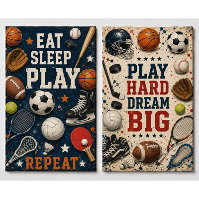 Grand ensemble de 2 art mural multi-sports pour salle de jeux pour garçons, équipement de toile de fond, impression sur toile 16 x 24 po - prêt à être accroché