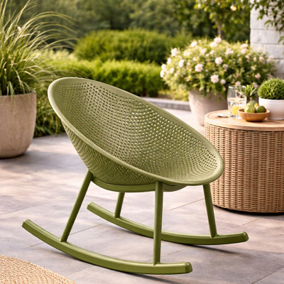 Chaises berçantes de patio tropicales de style Mid-Century moderne, chaises berçantes en forme d'œuf, chaises d'appoint intérieures en plastique toutes saisons avec design perforé respirant pour patio, balcon, véranda et bord de piscine, vert