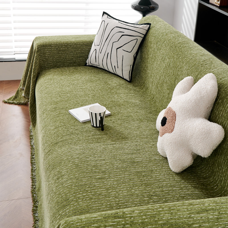 Housse pour canapé à rayures fines multicolores en chenille classique, Chenille beige / blanc, H 71 po x l 134 po x P 0,1 po