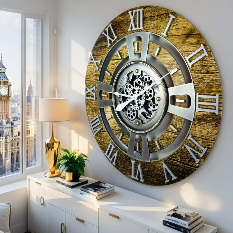 Solid Wood Wall Clock, Gold Antique, Oversize 91.4cm