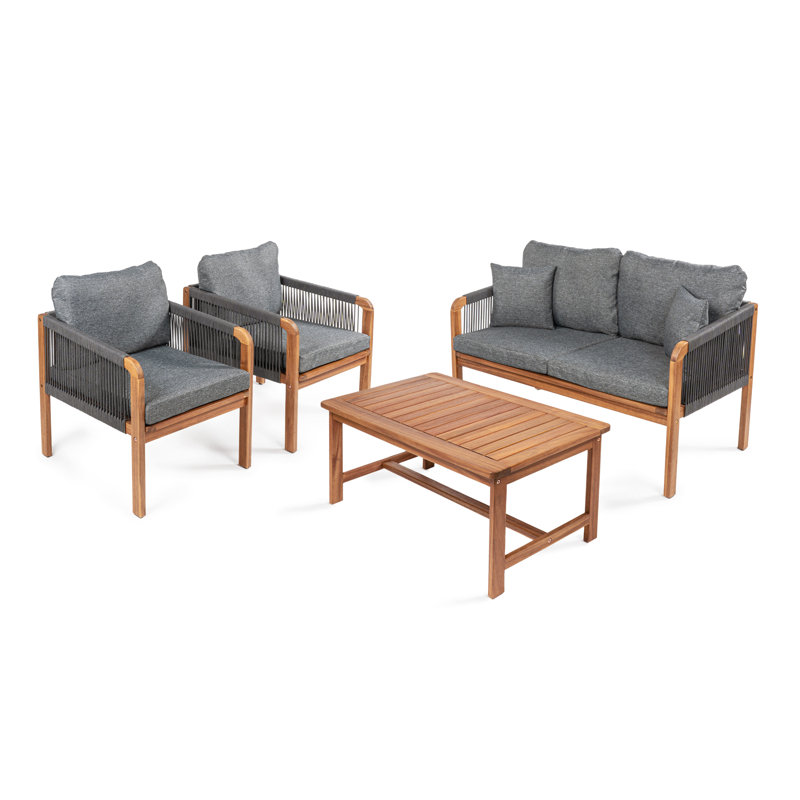 Tavira Coastal 4-Piece Teak Brown Acacia Wood Outdoor Patio Conversation Set with Coffee Table, Woven Rope Backs & Removable Gray Cushions