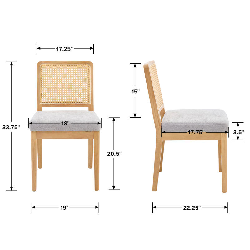 Upholstered Seat Dining Chair With Rattan Back, Farmhouse Side Chair For Kitchen/Dining Room, Gray Chenille, Natural