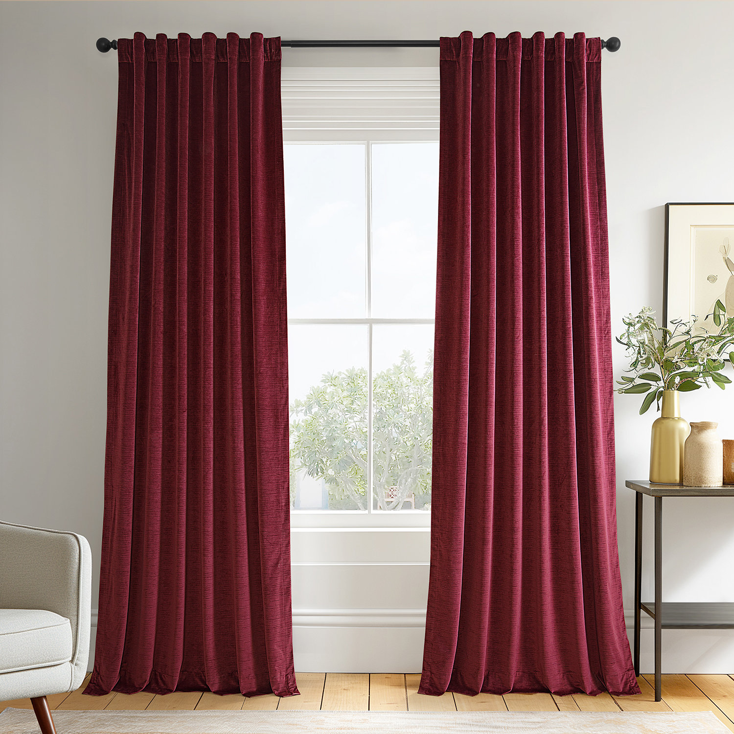 Hartley Ravello Burnout Velvet Curtain, Dark Red, 50" W x 120" L