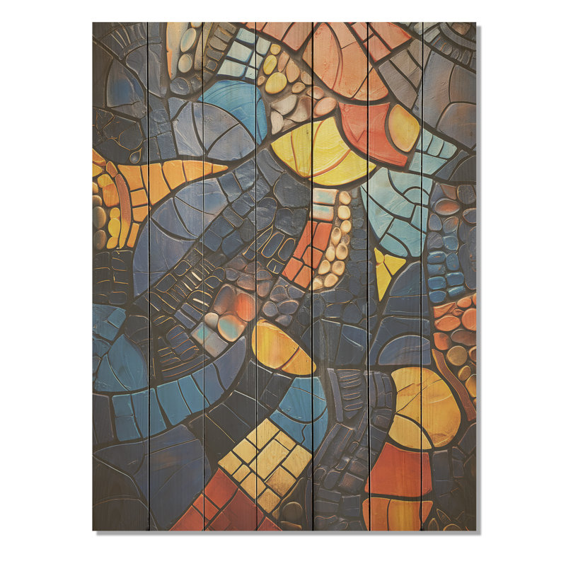 Carreaux de mosaïque jaune et bleu III - mosaïque bohème sur bois, H 40 po x l 30 po