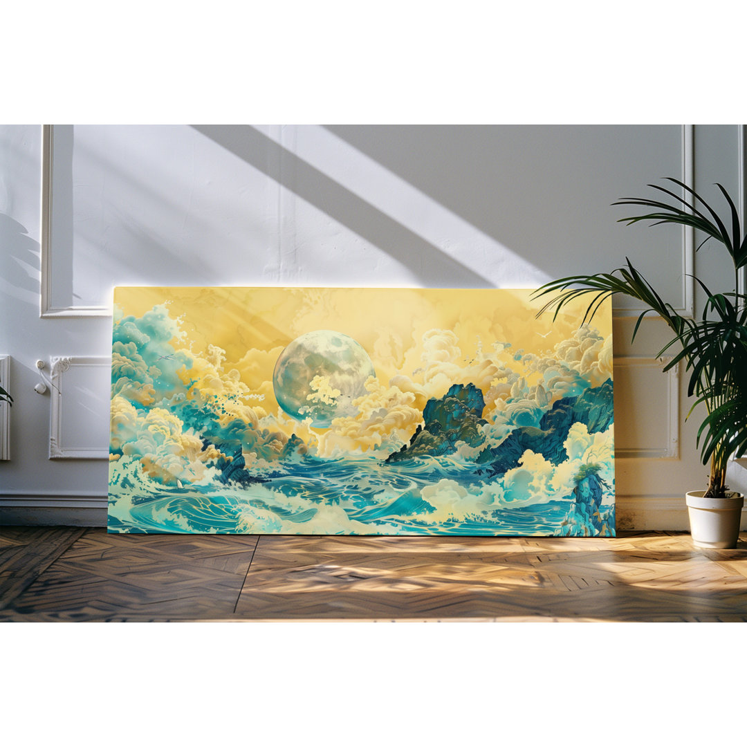 Leinwandbild gerahmt 120x60cm Meer Ozean Wellen Vollmond Kunstvoll Gelb