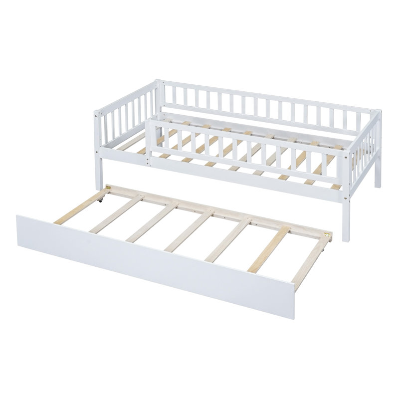 Wood Daybed with Trundle and Fence Guardrails, Twin, White
