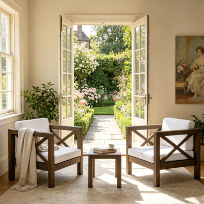 Ensemble de 2 fauteuils club d'extérieur en bois d'acacia de style Mid-Century moderne avec coussin résistant à l'eau, chaise longue de conversation pour patio, terrasse et porche - Structure en bois massif durable et facile à assembler