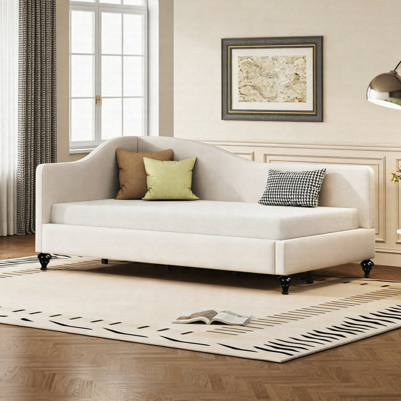 Twin Size L-Shaped Linen Daybed With Solid Wood Legs, Semi-Enclosed Corner Design, No Box Spring Required, Beige, Twin