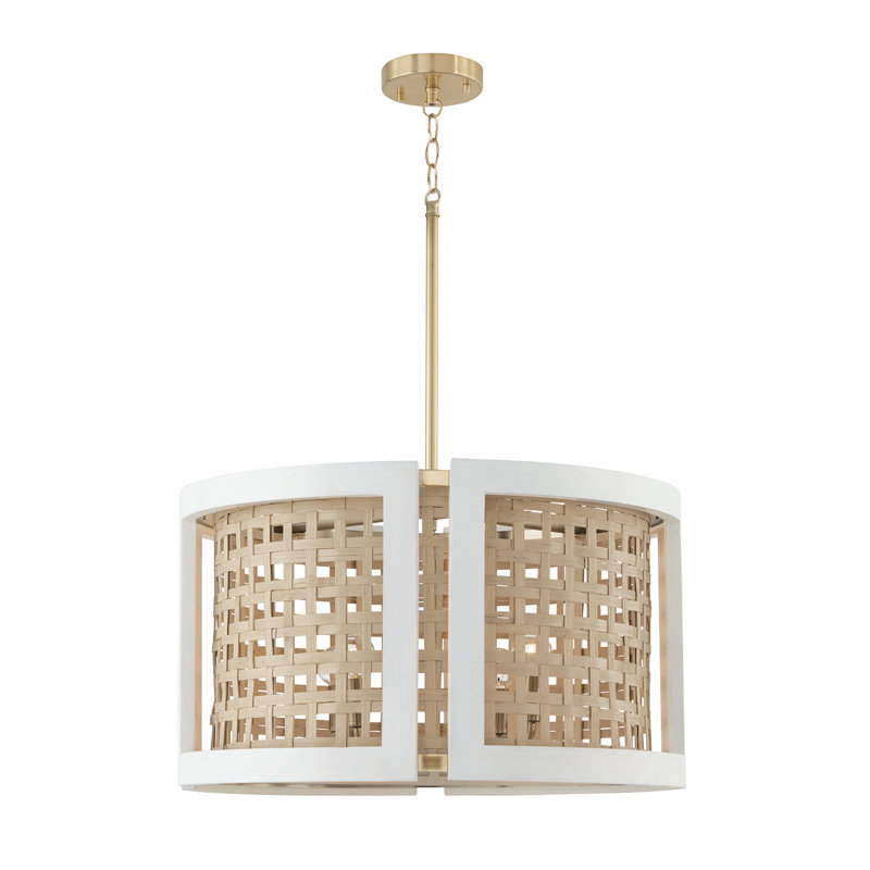 Lustre tambour 4 lumières Tyron Alonzo l 24 po x H 14 po à la craie fait de bois de manguier fabriqué à la main et de jacinthe d'eau