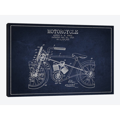Arthur H.W. Yordi Motorcycle Patent Sketch (Navy Blue) by Aged Pixel - Gallery-Wrapped Canvas Giclée