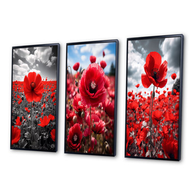 «Flower Field Scarlet Symphony», 3 pièces sur toile