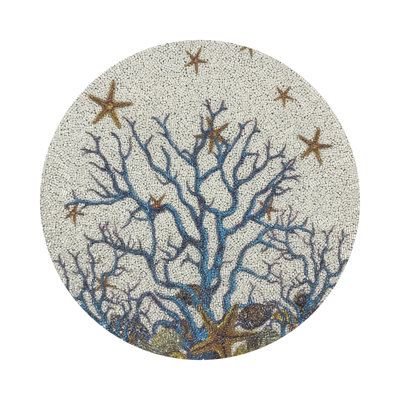 Coral Reef White Turq Round Beaded Placemat Rough Cut