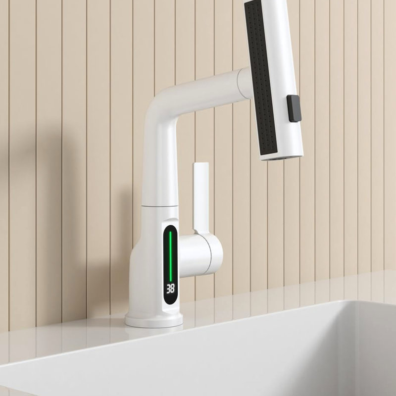 White Basin Faucet With Pull-Out Feature & Led Temperature Show - 360 Rotatable, 31 Spout Modes, Adjustable Height For Bath Display Lift Rotation, Spout, Height, Bathroom