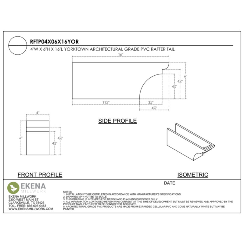 4"W x 6"H x 16"L Standard Yorktown Architectural Grade PVC Rafter Tail, 6"H x 4"W x 16"D