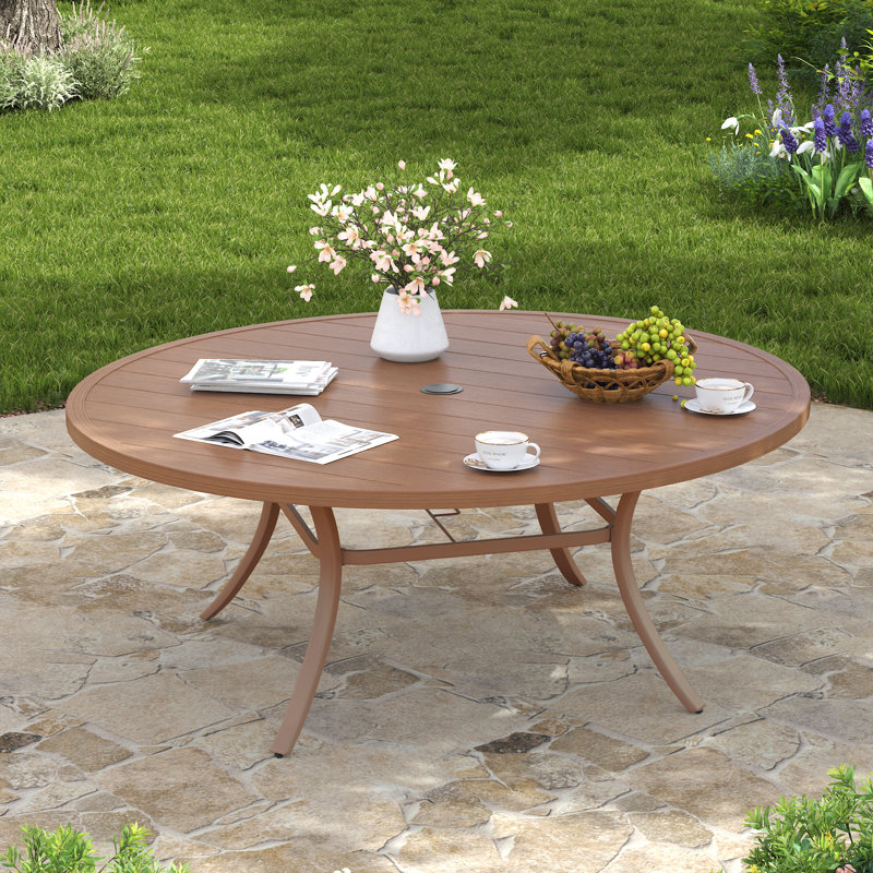 Table de salle à manger ronde en métal avec trou pour parasol, Noyer / noir, H 28 po x l 60 po x L 60 po