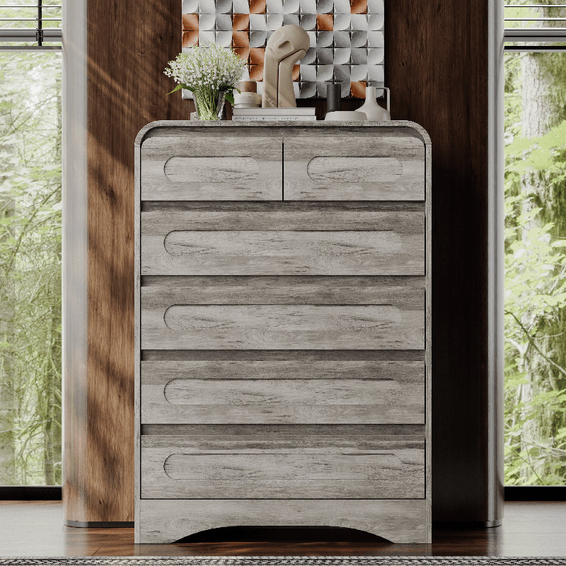 Farmhouse 6-drawer Dresser For Bedroom - 44" Tall Wood Dresser With Rustic Curved Edge Design, 31" Wide Chest Of Drawers For Living Room, Hallway Or Entryway, Storage Organizer