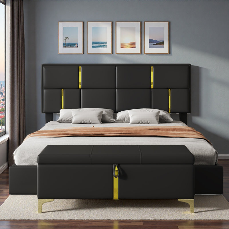 Les ensembles de chambre à coucher 2 pièces comprennent 1 lit plateforme tapissier avec système de rangement hydraulique, 1 repose-pieds avec rangement et pieds en métal