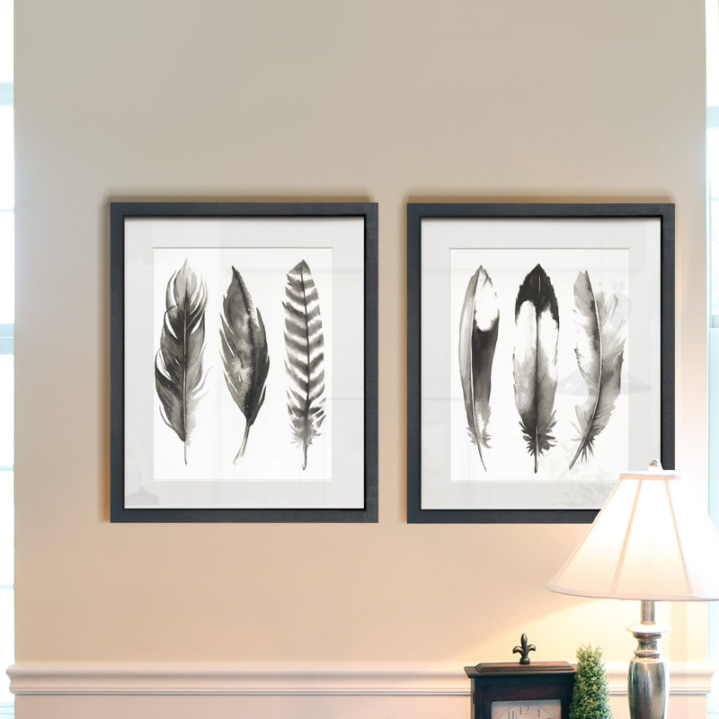 Watercolor Feathers I - Ensemble de 2 reproductions de cadres photo sur papier, Cadre noir