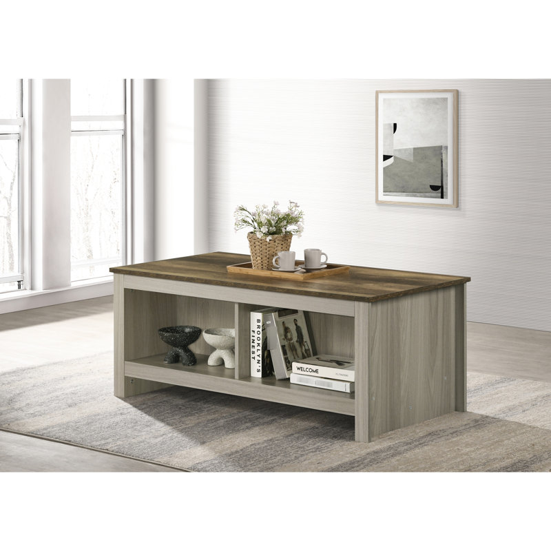 Table basse en chêne gris avec nombreuses tablettes ouvertes et plateau de table chic avec plateau avant en noyer de 43 po