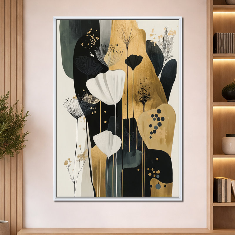 Fleurs de prairie dorées - Tableau encadré à motif floral, H 60 po x l 40 po, Cadre flottant blanc