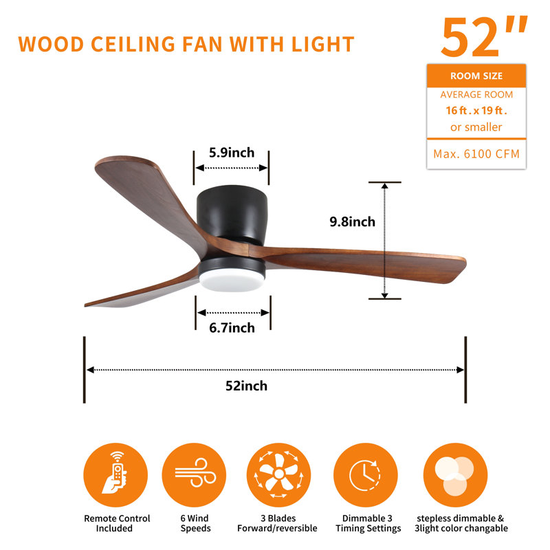 Black Wood Ceiling Fans With Lights And Remote, Modern Flush Mount Low Profile Ceiling Fan With Light, 6 Speed, Reversible Dc Motor, For Bedroom/Outdoor/Farmhouse/Patios