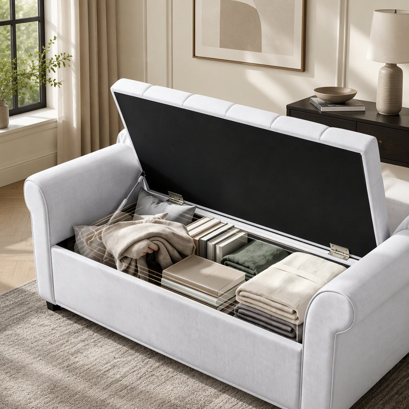 Banc de rangement rembourré de 47 pouces avec accoudoirs roulés et charnière de sécurité, Gris clair, Gris clair
