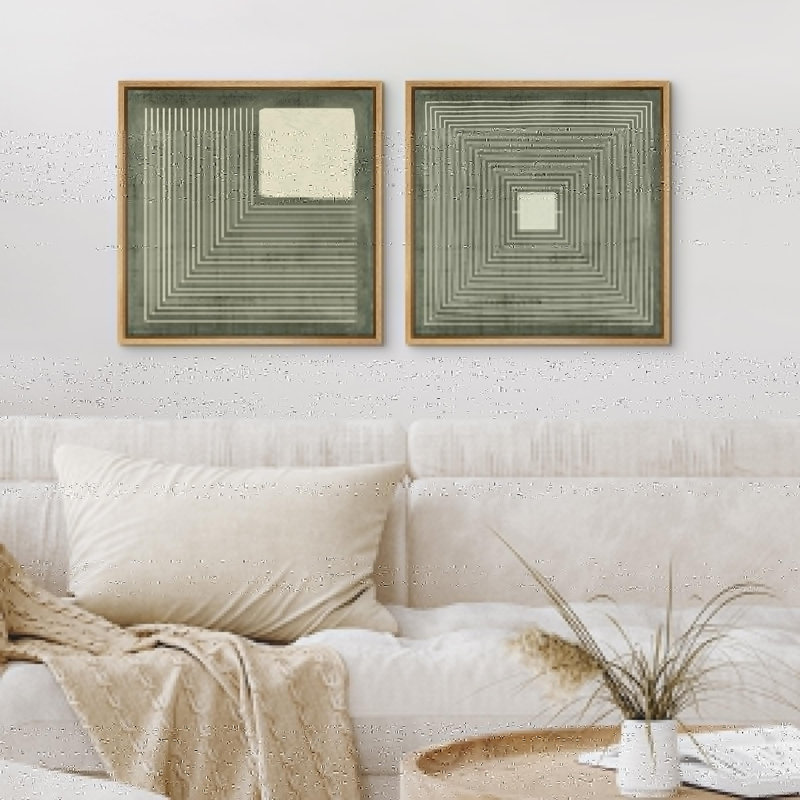Lignes géométriques et illustrations carrées en vert organique moderne, art minimaliste, détente / calme - ensemble de 2 reproductions sur toile flottante