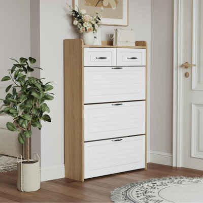 White and Oak Color Shoe Cabinet with 3 Doors & 2 Drawers, Large Storage Space for Entryway Organization, Modern Shoe Storage Solution