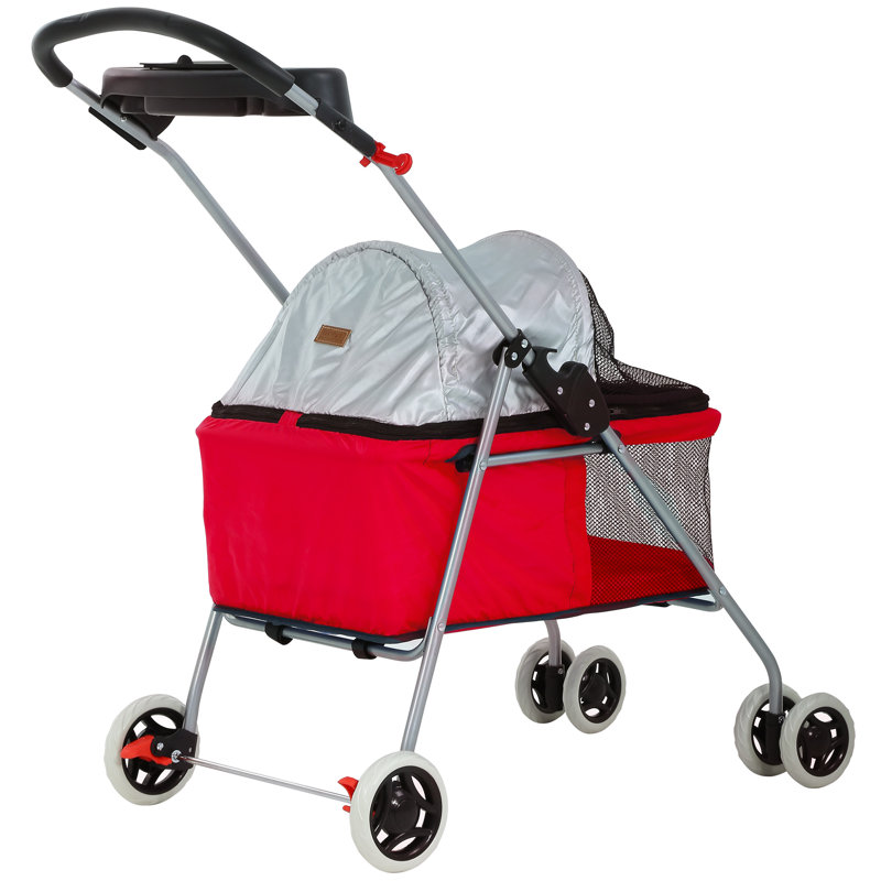 Red Aluminum 4-Wheel Folding Pet Stroller with Cup Holder