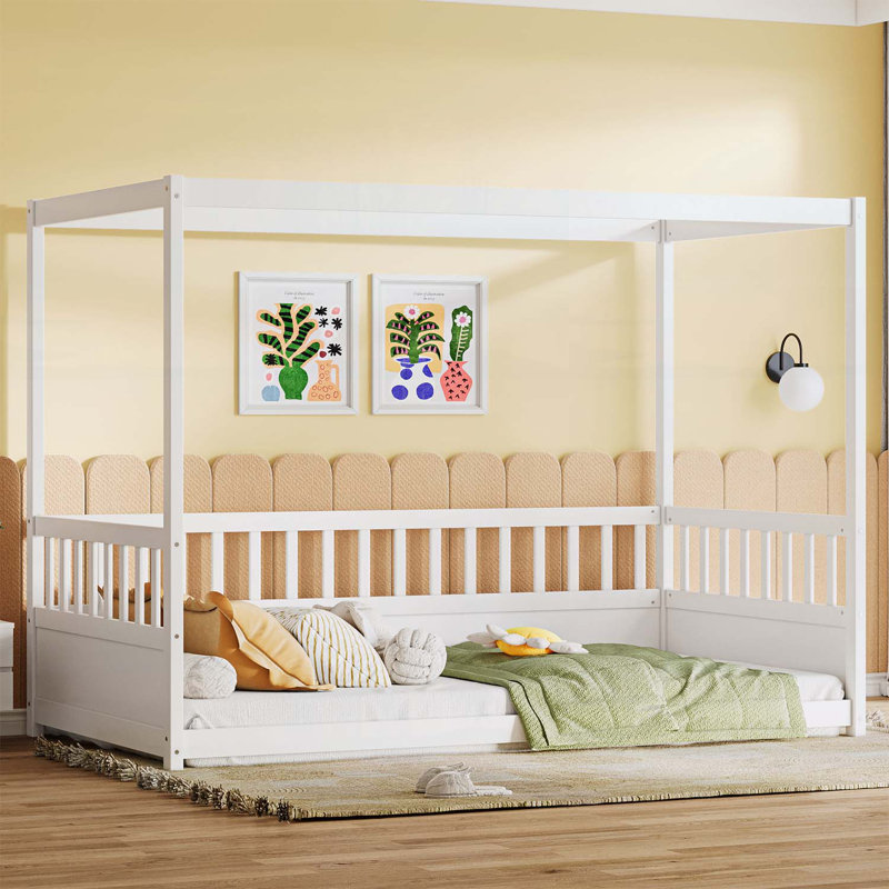 Canopy Bed Frame with Guardrails, Twin, White