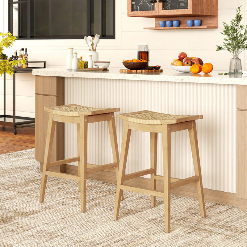 1 Pcs 29" Teak Wood Bar Stool With Footrest & Saddle Seat Boho Bar Height Stool, 1