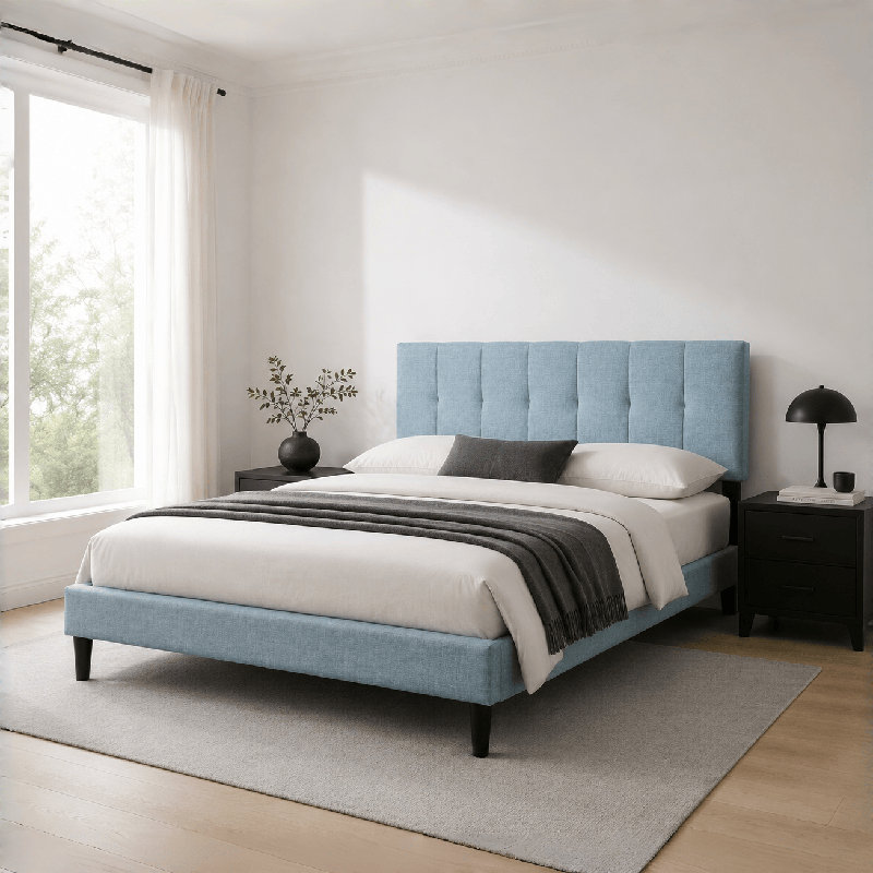 Dajai Upholstered Unfinished Platform Bed, King, Light Blue