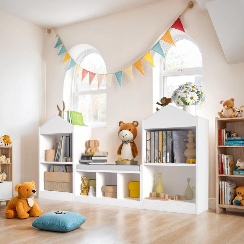 White Wooden Kids Bookshelf with Reading Nook and Storage Cubbies
