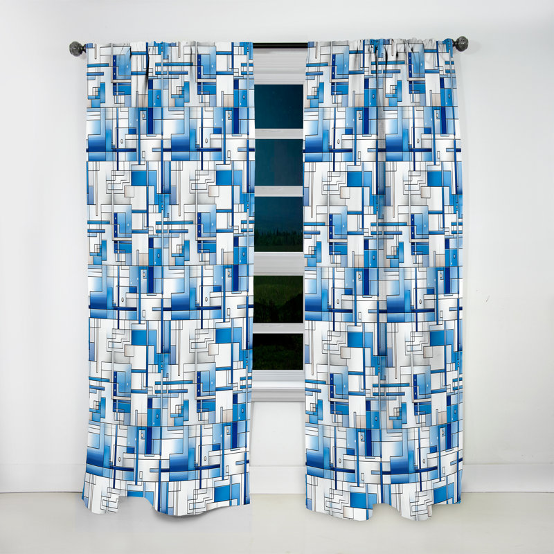 Rideau obscurcissant rétro géométrique blanc et bleu rétro - 1 panneau, L 52 po x L 120 po