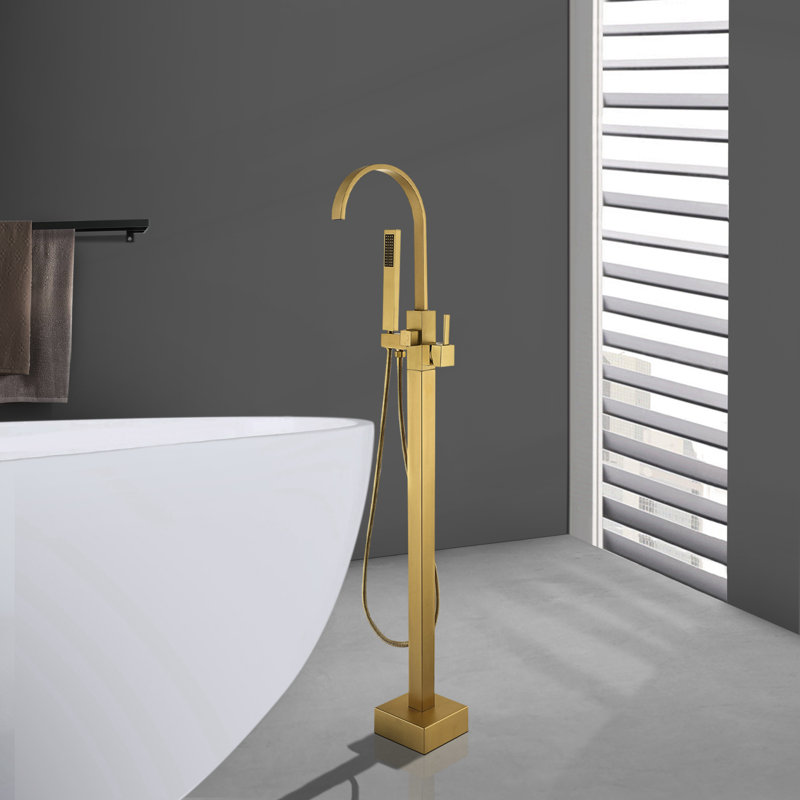Robinet de baignoire autoportant à poignée simple classique avec douche à main, Laiton brossé