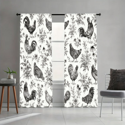 2PCS Vintage Black White Rooster Floral Farmhouse Light Filtering Rod Pocket Curtains, Classic Country Hen Print Window Drapes, Easy Hang Rod Pocket, All Season Decor for Living Room, Bedroom, Kitchen, Rustic Rural Window Treatments