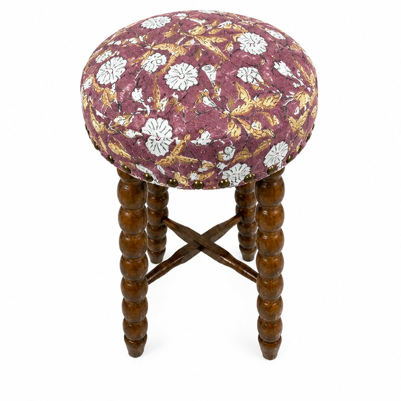 Tabouret de bar rembourré avec structure en bois d'acacia massif Spindle, 18 po, Rose foncé et jaune, 18"