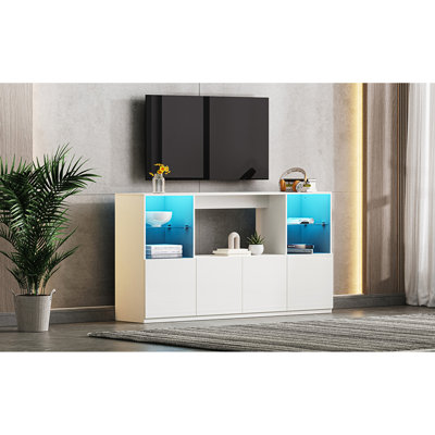 ON-TREND High Gloss TV Stand With LED Lights, Modern Sideboard With Large Storage Cabinet, Media Console With Tempered Glass Shelves For Tvs Up To 75 -  Latitude Run®, 4C920D4366DC45AEB1AED5EADF86D852
