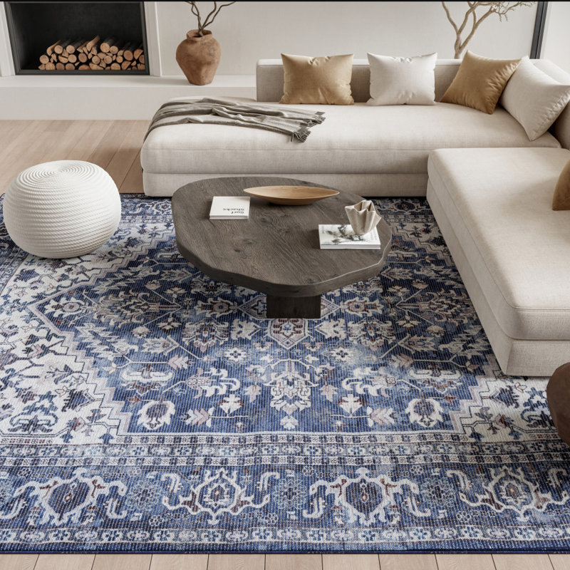 Tapis floral lavé bleu et ivoire 9 pi x 12 pi tissé à la machine