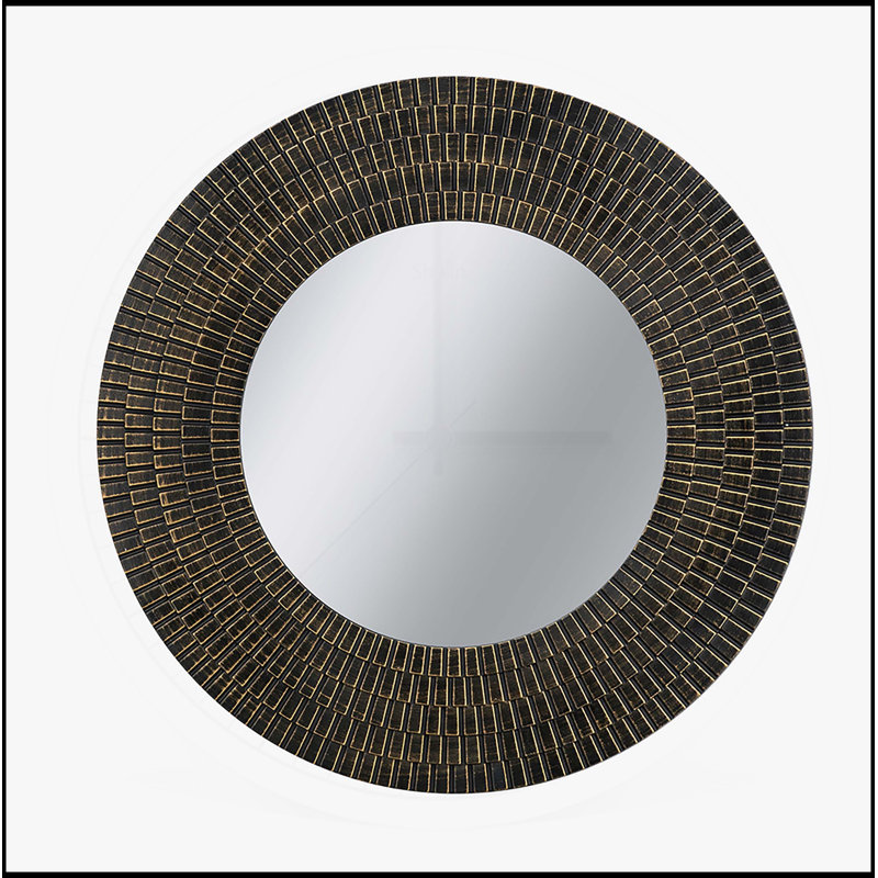 Miroir d'appoint rond 29,5 pouces avec texture tissée, finition noire et or pour les intérieurs modernes