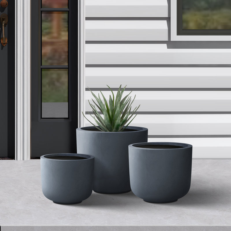 Tali 3 Piece 13.19 in, 11.02 in and 9.06 in L Round Lightweight Concrete and Fiberglass Indoor Outdoor Weather Resistant Planters with Drainage Holes Set