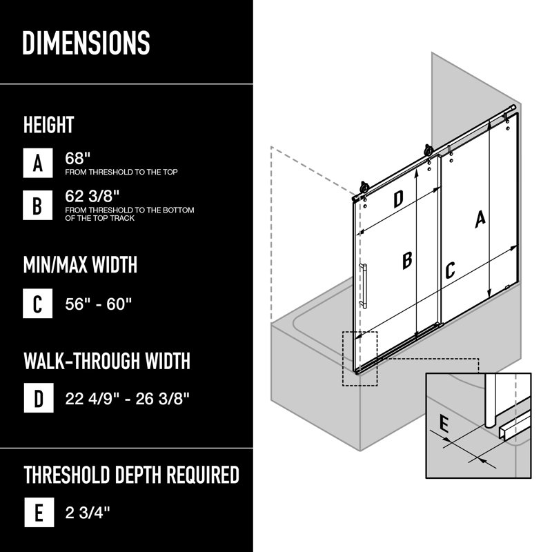 Hamilton 56-60" W x 68" H Sliding Frameless Tub Door with 3/8" Clear Glass, Stainless Steel