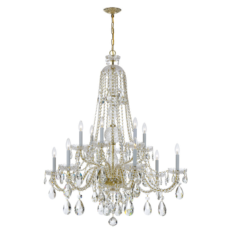 Lustre à niveaux 12 lumières de style bougie Rashad, Coupé à la main, Laiton poli