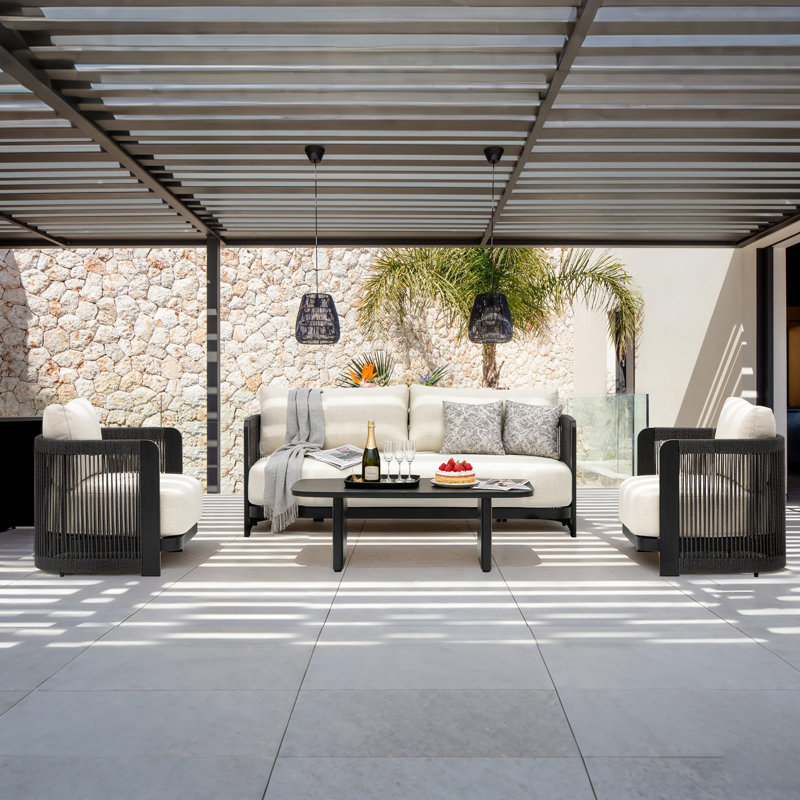 Modern Rope Woven Patio Sofa Set of 4 with Aluminum Frame and Wood Grain; Weather-Resistant Outdoor Conversation Set for Pool and Garden（Set of 4）
