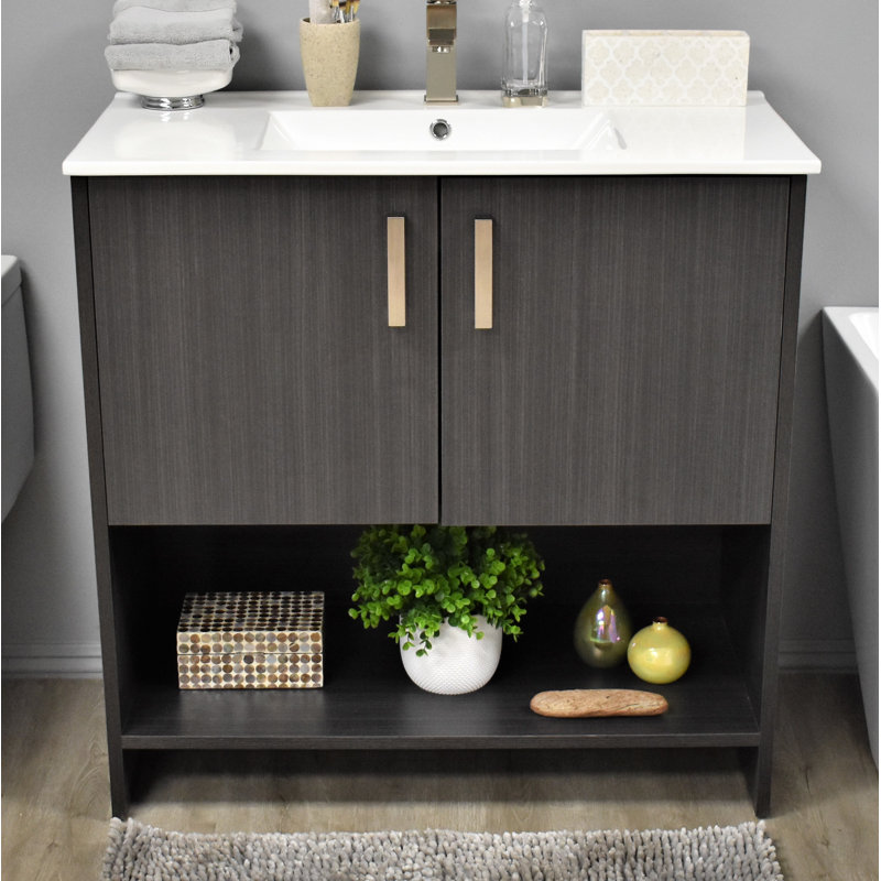 Nhyira 36'' Single Bathroom Vanity with Ceramic Top, Black Ash