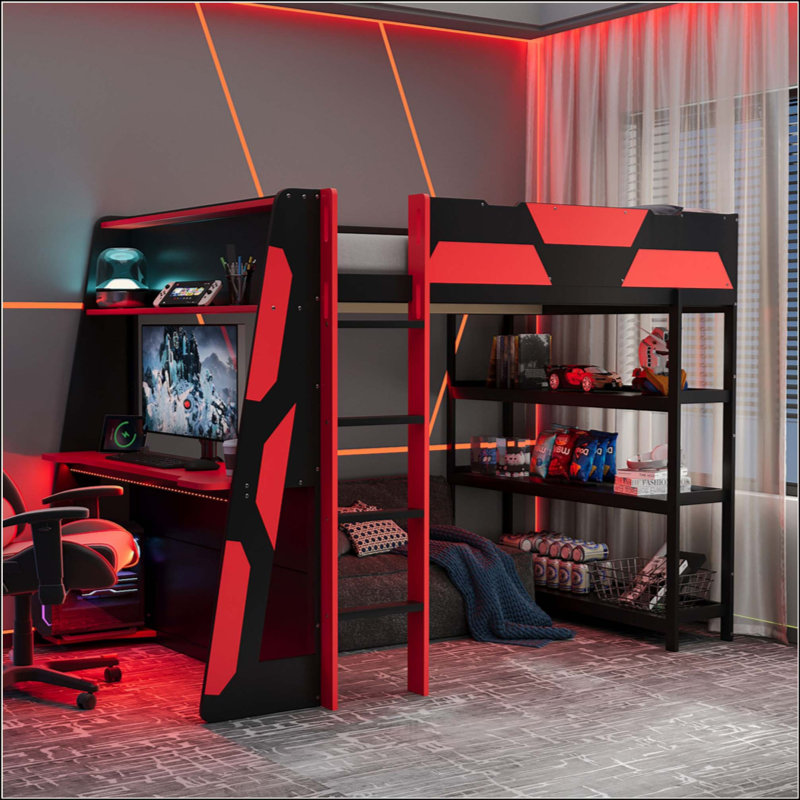 Lit mezzanine Gaming avec bureau, tablettes et lumières DEL, Noir / Rouge