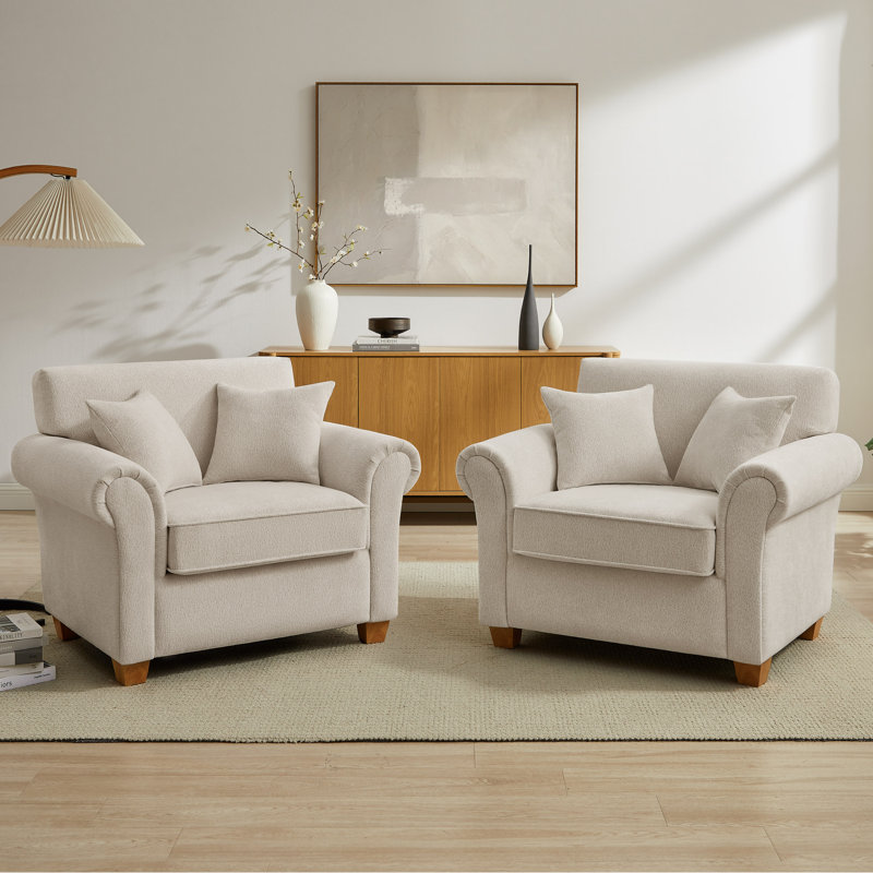 Fauteuil d'appoint de 104 cm (40,94 po) avec pieds en bois massif, 2 coussins décoratifs inclus, fauteuil ergonomique avec accoudoirs incurvés pour salon, chambre à coucher, coin lecture (ensemble de 2)